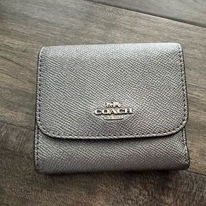 Coach metallic silver leather tri fold wallet